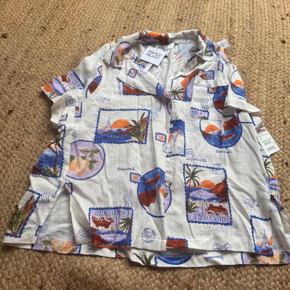 Paper Heart New XS Linen Blend Button Down Short Sleeve Shirt Italy Print Euro